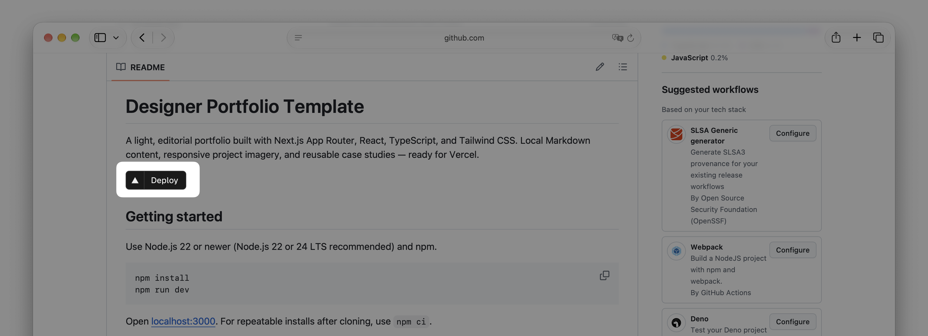 GitHub 的 README 中显示的 Deploy with Vercel 按钮