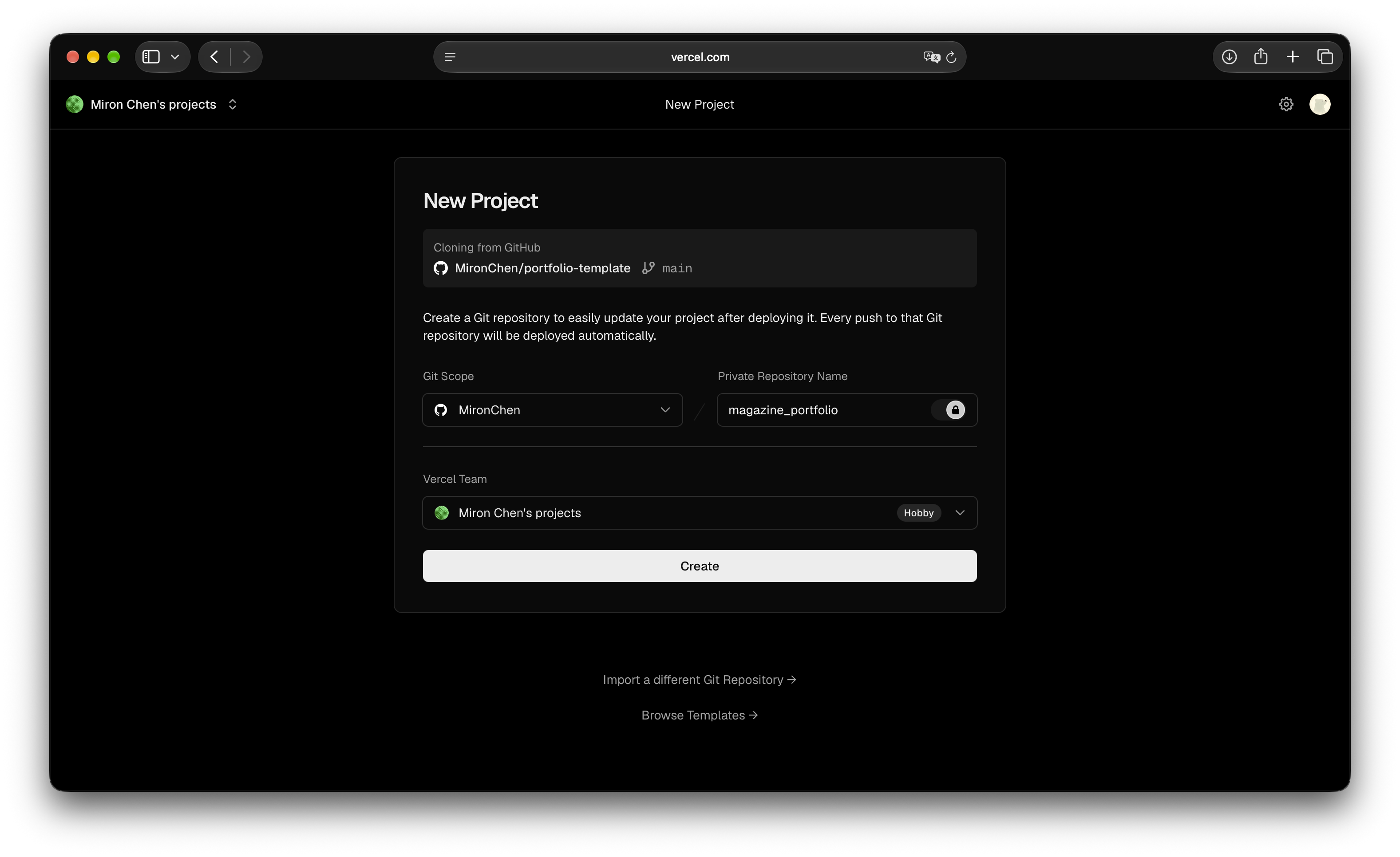 Vercel 的 New Project 页面,显示作品集模板、GitHub 账号、仓库名称、Vercel 团队和 Create 按钮。